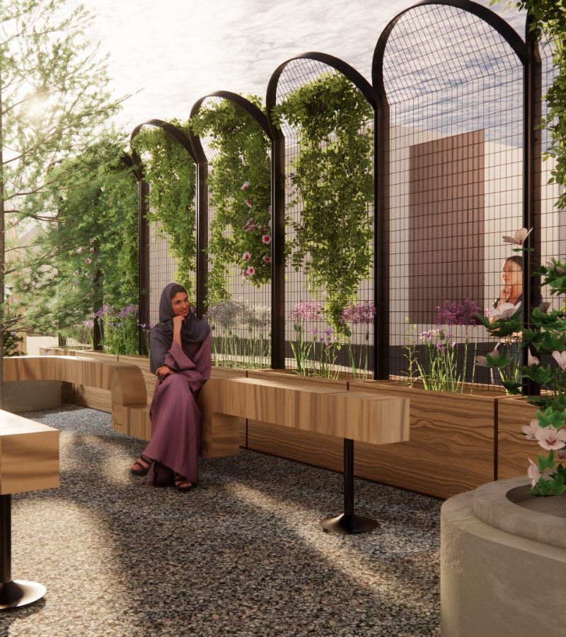 Front yard renovation at the Islamic Society of Boston — landscaped entrance with custom glulam arches and seating